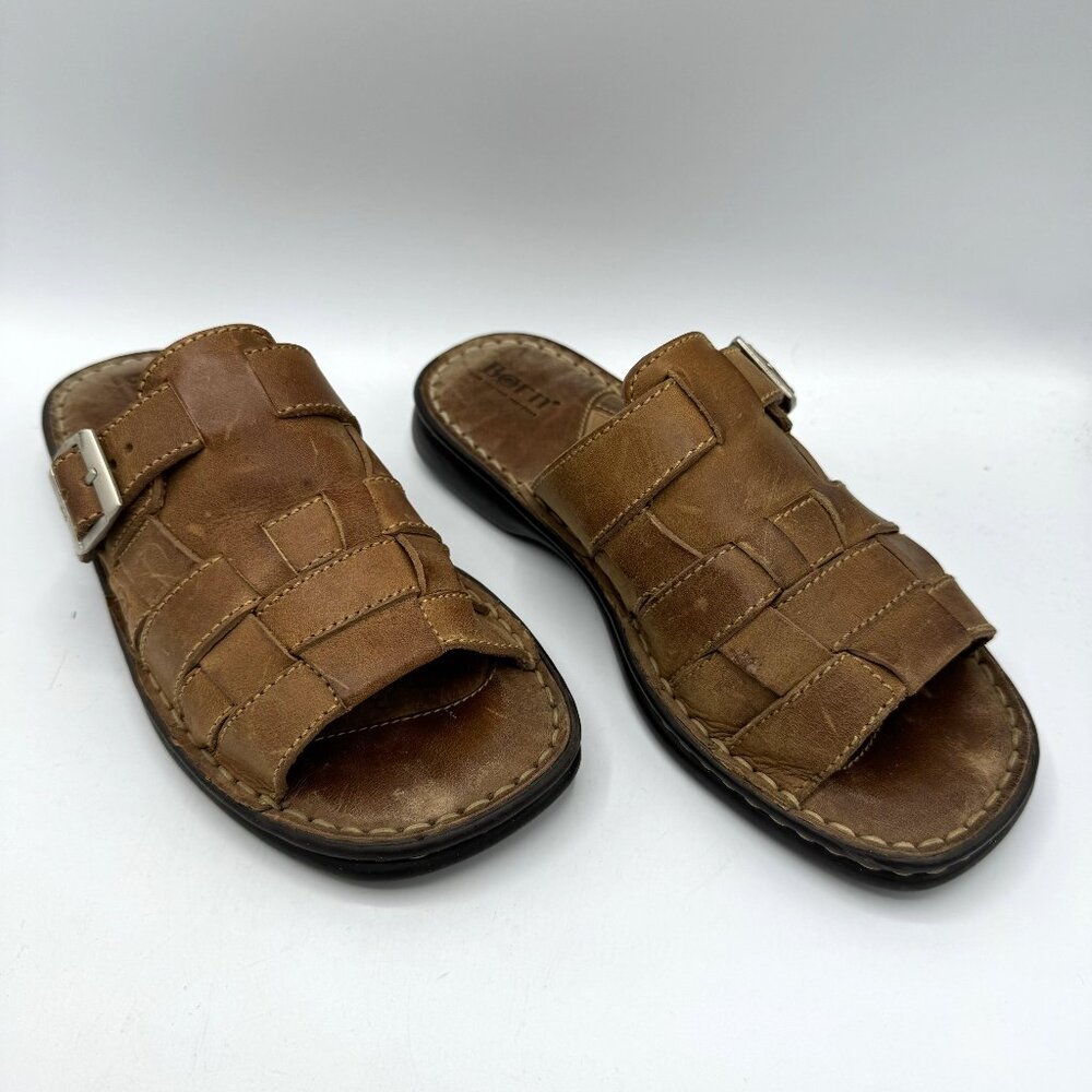 Born Brown Woven Leather Slide Sandals